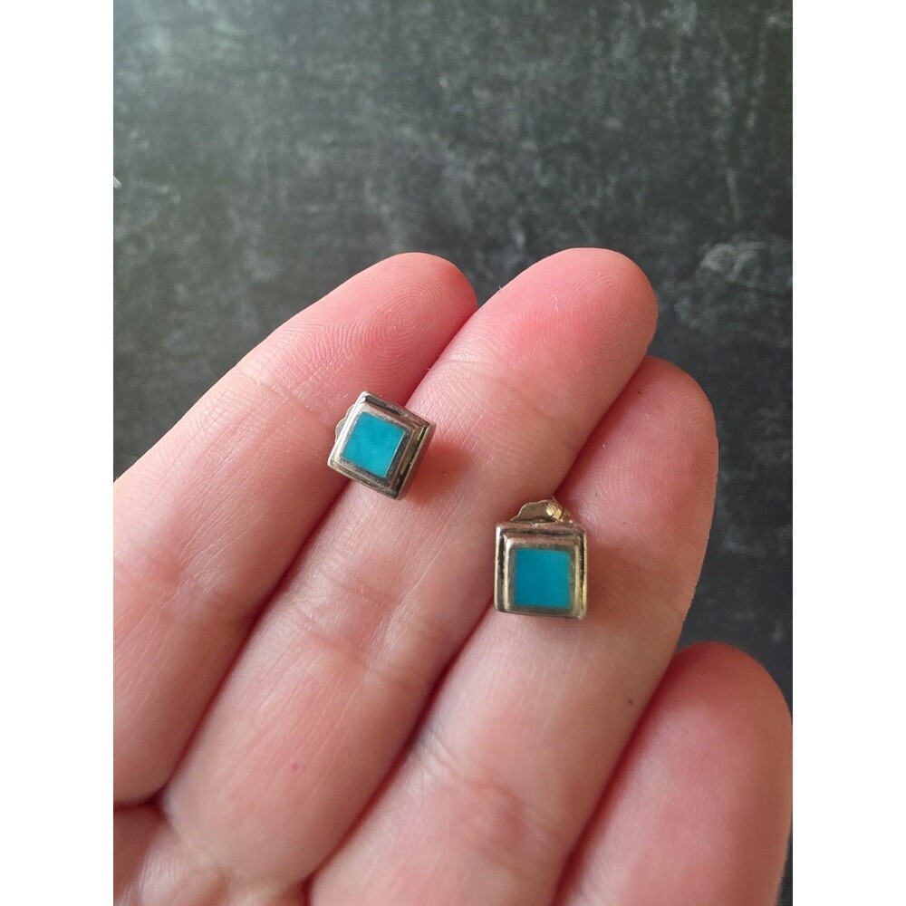 925 Sterling Silver Blue Square Shaped Stud Earrings Vintage